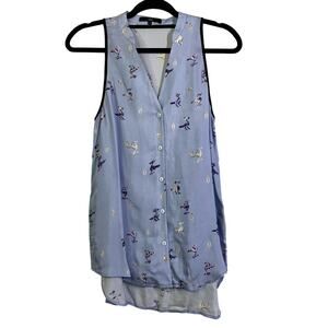 TIBI Blouse 4 Novelty Print Dodo Sleeveless V-Neck High-Low Button Up Cotton